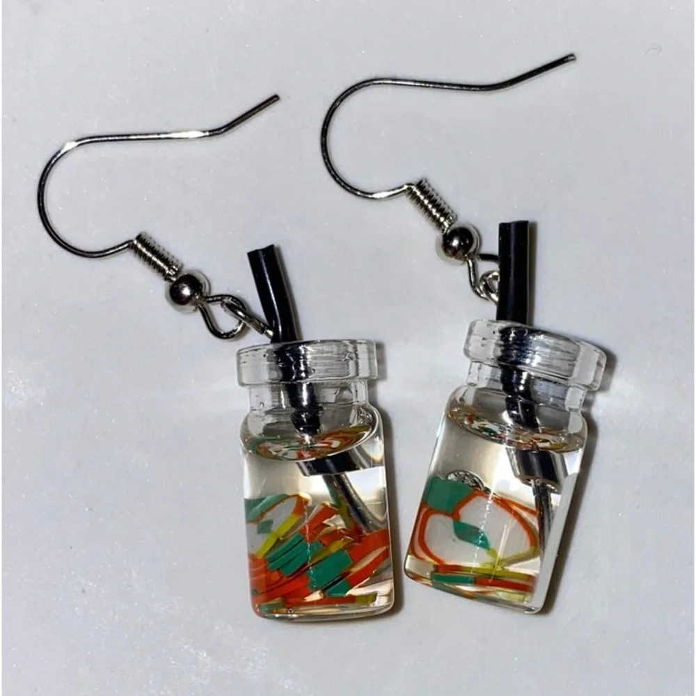 New Handmade Summer Fruity Apple Slice Glass S925 Sterling Silver Earrings